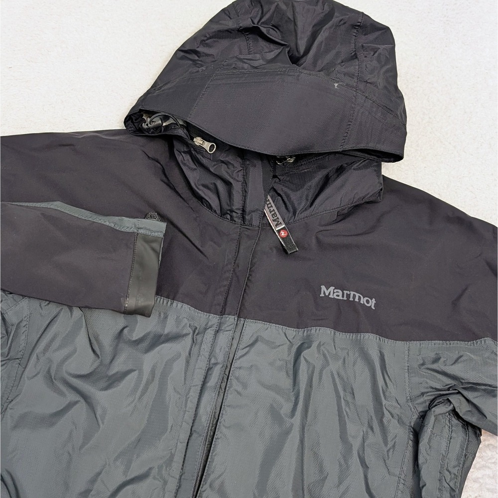 Womens XS Marmot Precip Eco‎ Rain Jacket Black Gray Full Zip Adjustable Nylon